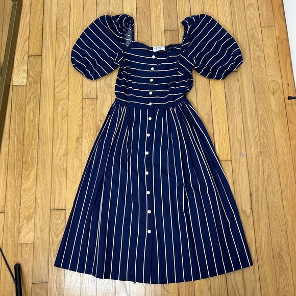 Vintage Wendy One Puff Sleeve Striped Midi Dress Button Down Size XS CottageCore - Picture 3 of 7